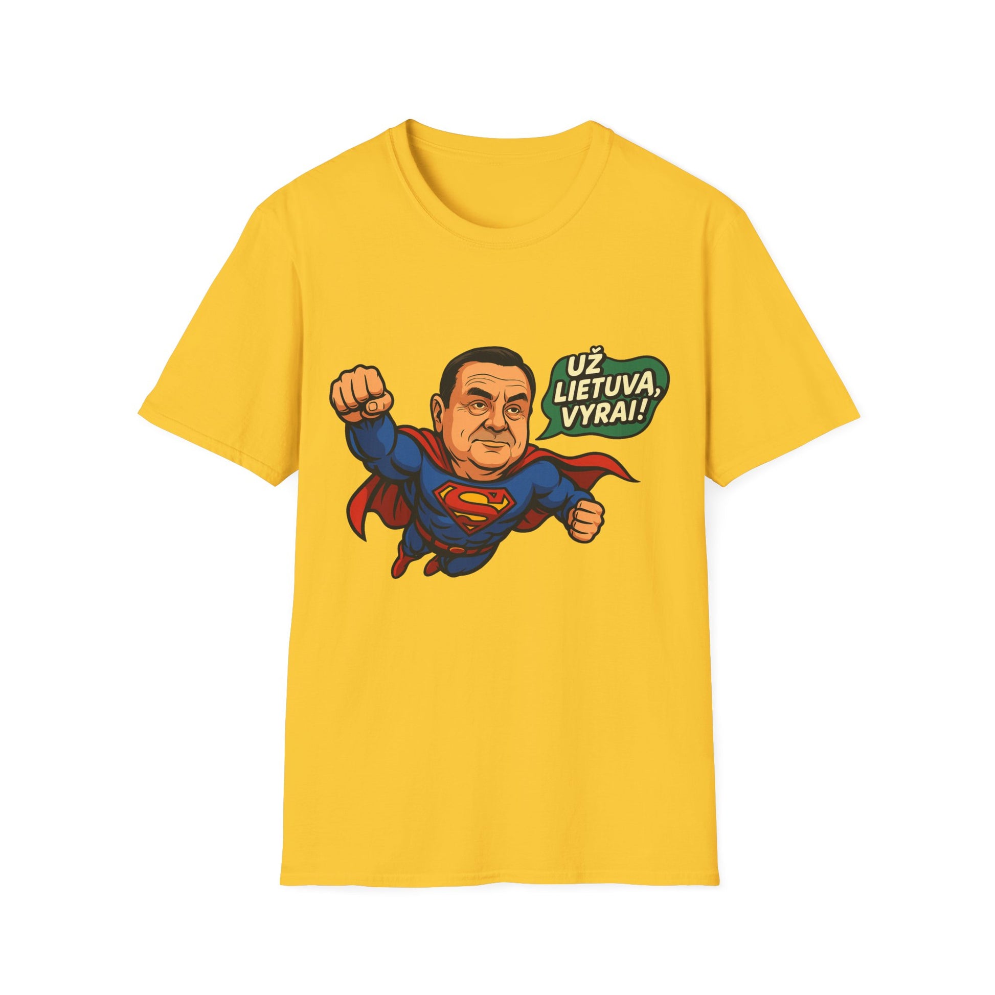 Lithuanian T-Shirt “Už Lietuvą, vyrai!” – Funny Superhero Patriotic Gift